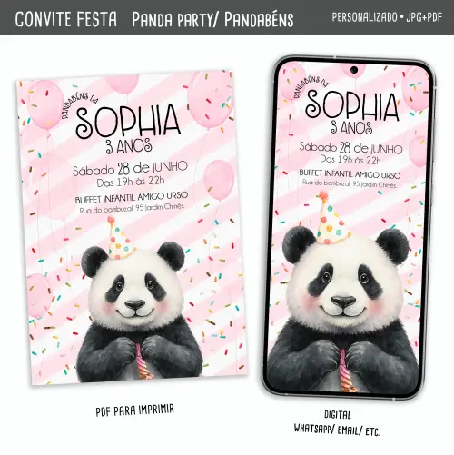 Convite Digital Panda/ Pandinha/ Festa Panda Rosa