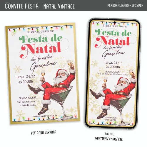 Convite Digital Festa de Natal Vintage/ Natal de Recordações