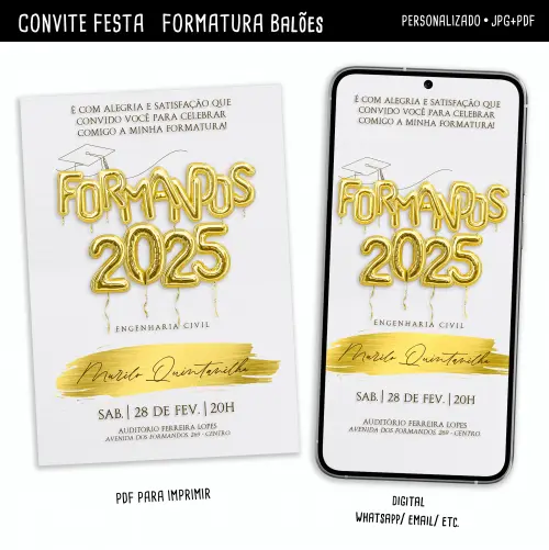 Convite Digital Formatura Balões Metalizados