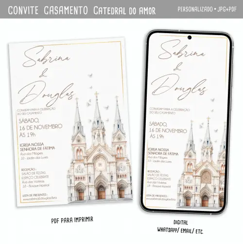 Convite Digital Casamento Catedral Aquarelada D'amore