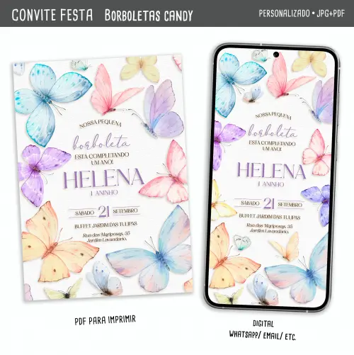 Convite Digital Borboletas Candy