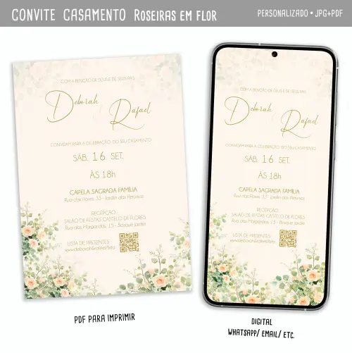Convite Digital Casamento Floral/ Rosas Champanhe