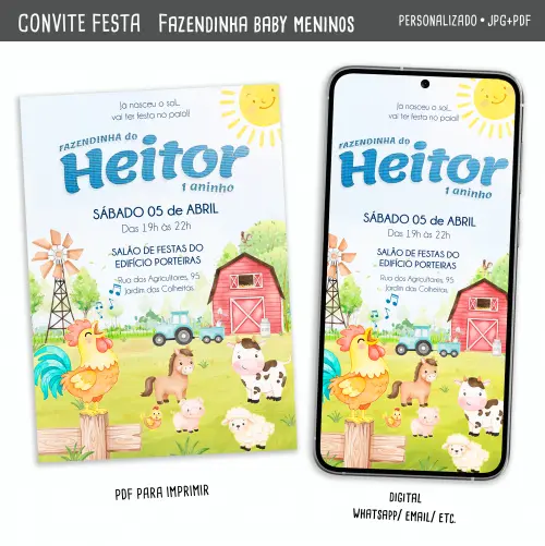 Convite Digital Fazendinha Baby Meninos