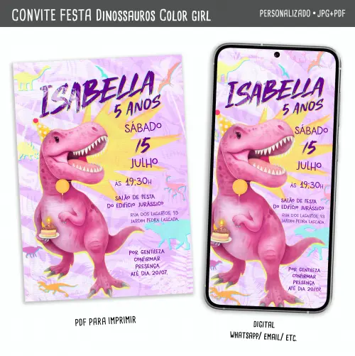 Convite Digital Dinossauros 2 Meninas