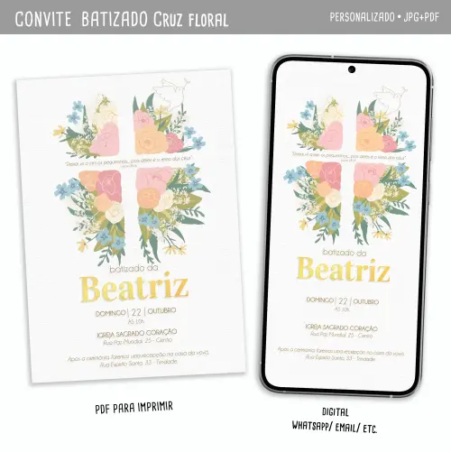 Convite Digital Batismo Cruz Floral Menina