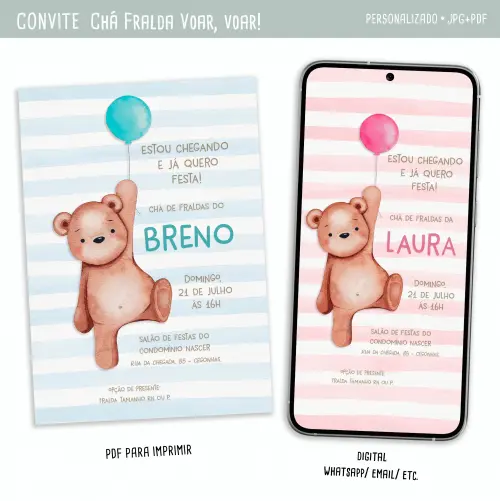 Convite Digital Chá de Fralda/bebê Voar, Voar! Menino/menina