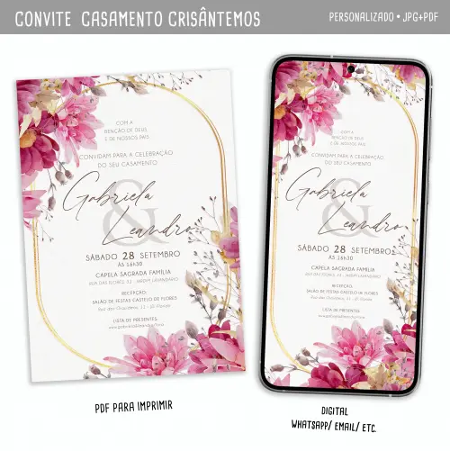 Convite Digital Casamento Floral/ Crisântemos