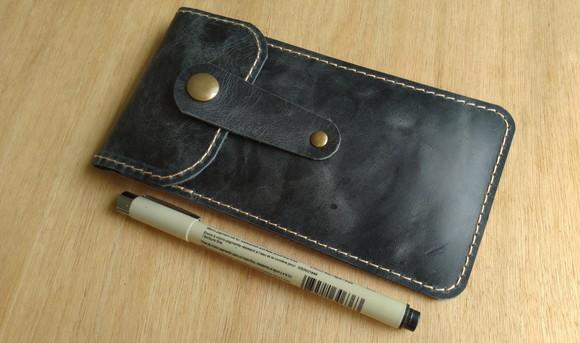 Estojo de Couro Legitimo Porta Canetas Preto