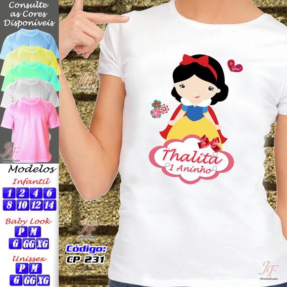 01 Camiseta Adulto Infantil Branca de Neve Personalizada