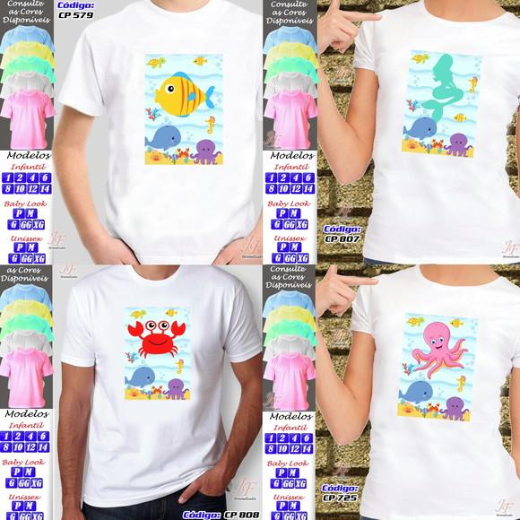01 Camiseta Adulto Infantil Fundo do Mar Personalizada