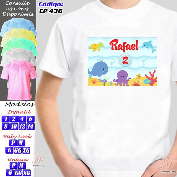 01 Camiseta Adulto Infantil Fundo do Mar Personalizada