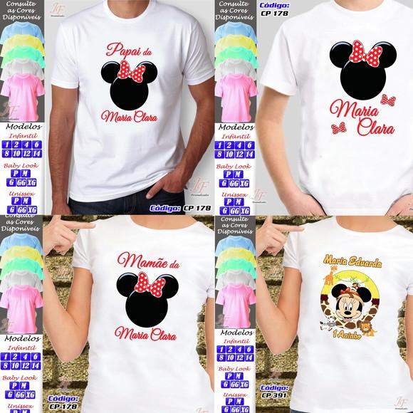 01 Camiseta Adulto Infantil Minnie Vermelha Personalizada