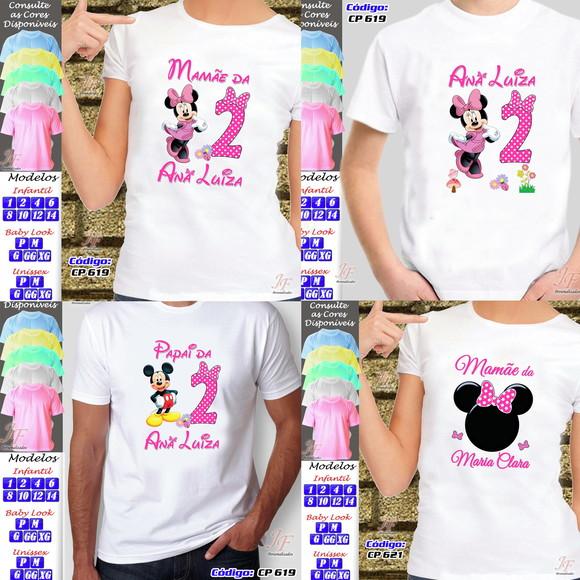 01 Camiseta Adulto Infantil Personalizada Minnie Rosa