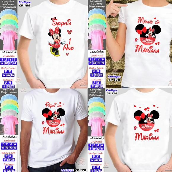 01 Camiseta Adulto Infantil Personalizada Minnie Vermelha