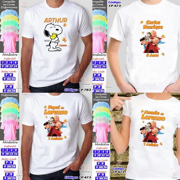 01 Camiseta Adulto Infantil Snoopy Personalizada