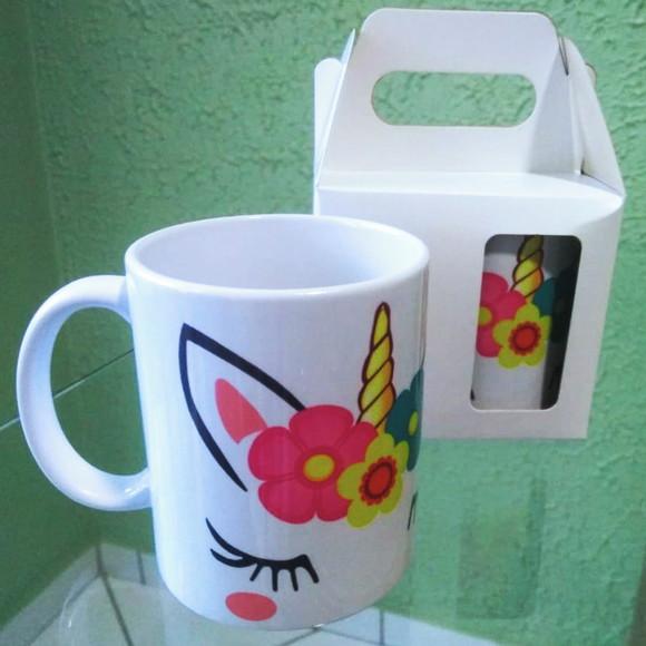 01 Caneca em Cerâmica Branca 350 ml Personalizada Unicórnio