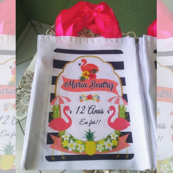 Bolsinha Ecobag Sacolinha Personalizada Tema Flamingos
