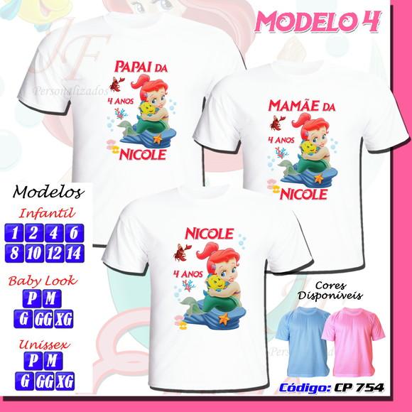 Camiseta Adulto Infantil Ariel Pequena Sereia