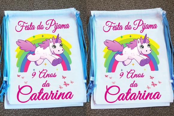 Mochilinha Ecobag Personalizada Festa do Pijama Unicórnio