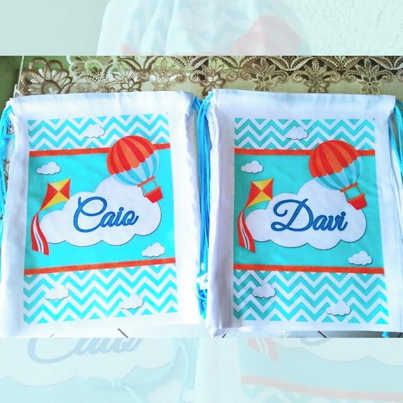 Mochilinha Ecobag Sacochila Personalizada Balões e Pipas