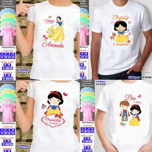 01 Camiseta Adulto Infantil Branca de Neve Personalizada