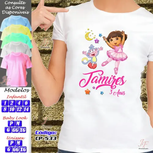 01 Camiseta Adulto Infantil Dora Aventureira Personalizada