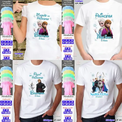 01 Camiseta Adulto Infantil Frozen Personalizada