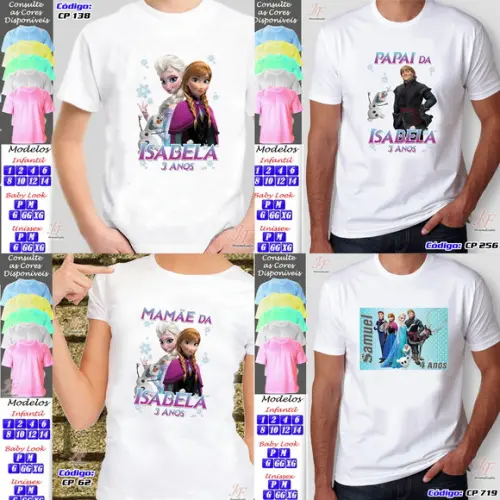 01 Camiseta Adulto Infantil Frozen Personalizada