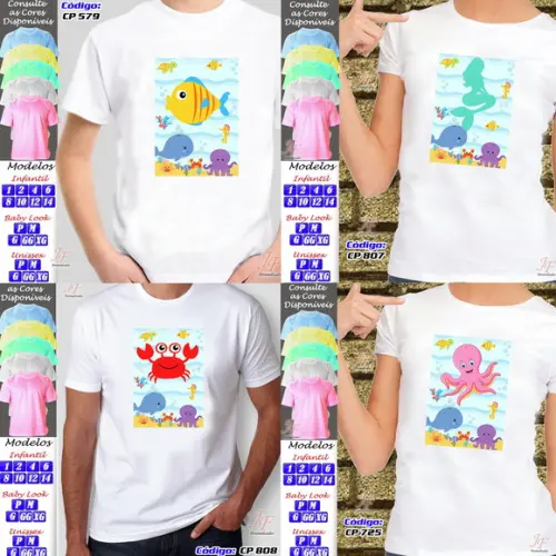 01 Camiseta Adulto Infantil Fundo do Mar Personalizada