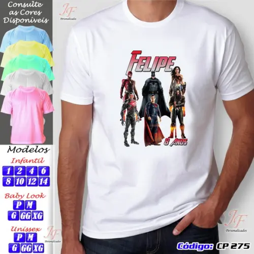 01 Camiseta Adulto Infantil Liga da Justiça Personalizada