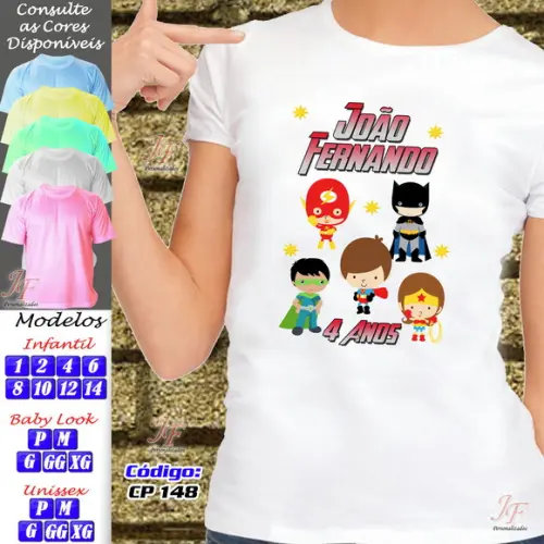 01 Camiseta Adulto Infantil Liga da Justiça Personalizada