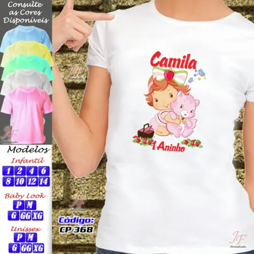 01 Camiseta Adulto Infantil Moranguinho Personalizada