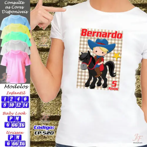 01 Camiseta Adulto Infantil Personalizada Cowboy Cowgirl