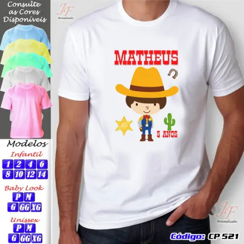 01 Camiseta Adulto Infantil Personalizada Cowboy Cowgirl
