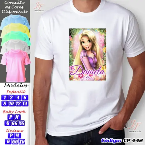 01 Camiseta Adulto Infantil Personalizada Enrolados Rapunzel