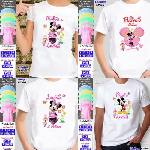 01 Camiseta Adulto Infantil Personalizada Minnie Rosa
