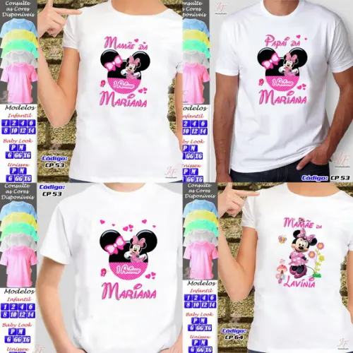 01 Camiseta Adulto Infantil Personalizada Minnie Rosa