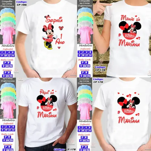 01 Camiseta Adulto Infantil Personalizada Minnie Vermelha