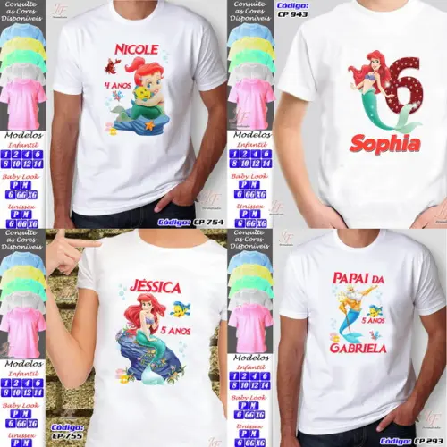 01 Camiseta Adulto Infantil Personalizada Pequena Sereia