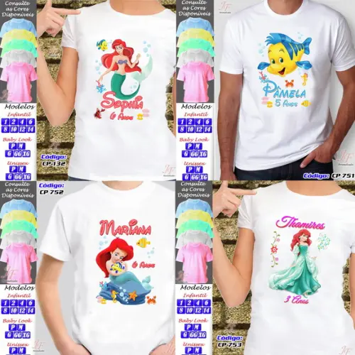 01 Camiseta Adulto Infantil Personalizada Pequena Sereia