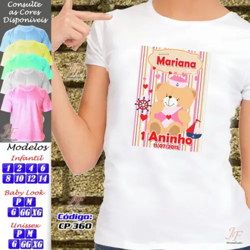 01 Camiseta Adulto Infantil Personalizada Ursinho Marinheiro