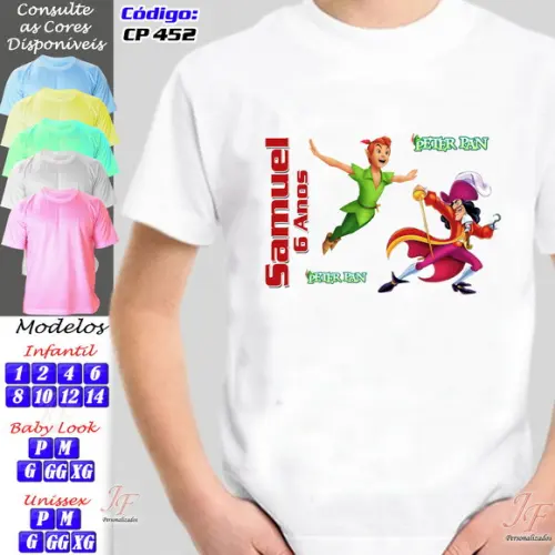 01 Camiseta Adulto Infantil Peter Pan Personalizada