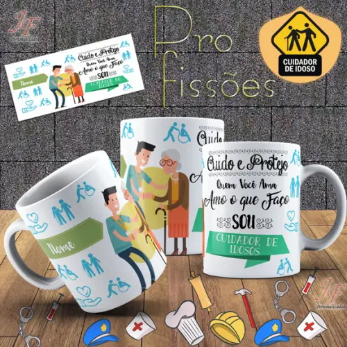 01 Caneca Cerâmica 350 ml Personalizada Cuidador de Idosos