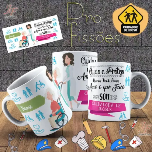 01 Caneca Cerâmica 350 ml Personalizada Cuidador de Idosos