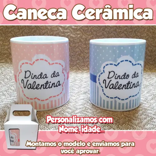 01 Caneca em Cerâmica 350 ml Personalizada Dinda ou Dindo