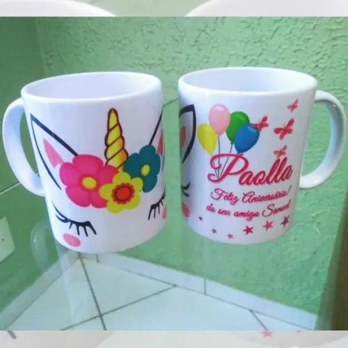 01 Caneca em Cerâmica Branca 350 ml Personalizada Unicórnio