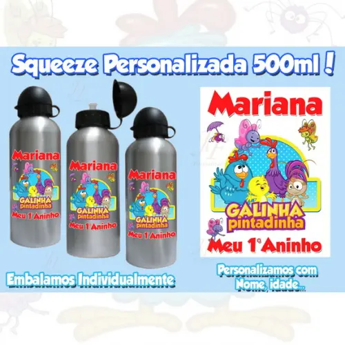 01 Squeeze Alumínio 500 Ml Personalizada Galinha Pintadinha