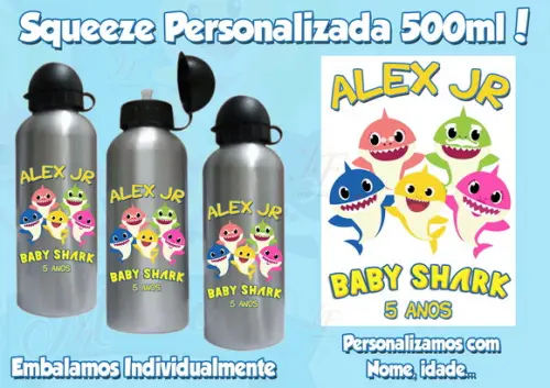 01 Squeeze Garrafinha Alumínio Personalizada Baby Shark