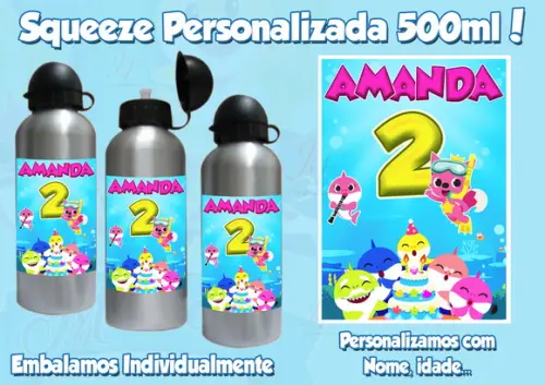 01 Squeeze Garrafinha Alumínio Personalizada Baby Shark