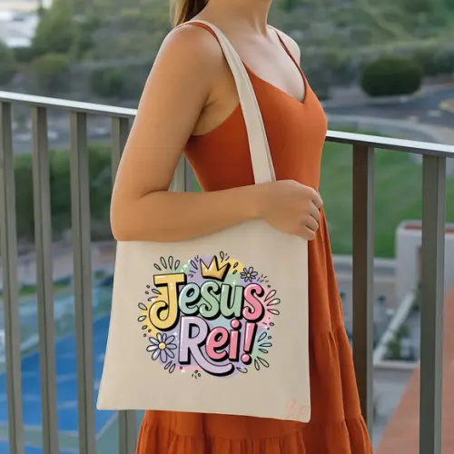 Bolsa Ecobag Algodão Cru Frases Cristãs 30 x 30cm